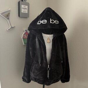 New Bebe Black Plush Fur Zip Up Hoodie with Logo Jacket Coat